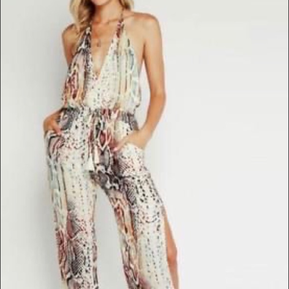 OLIVACEOUS snakeskin print halter jumpsuit; size medium